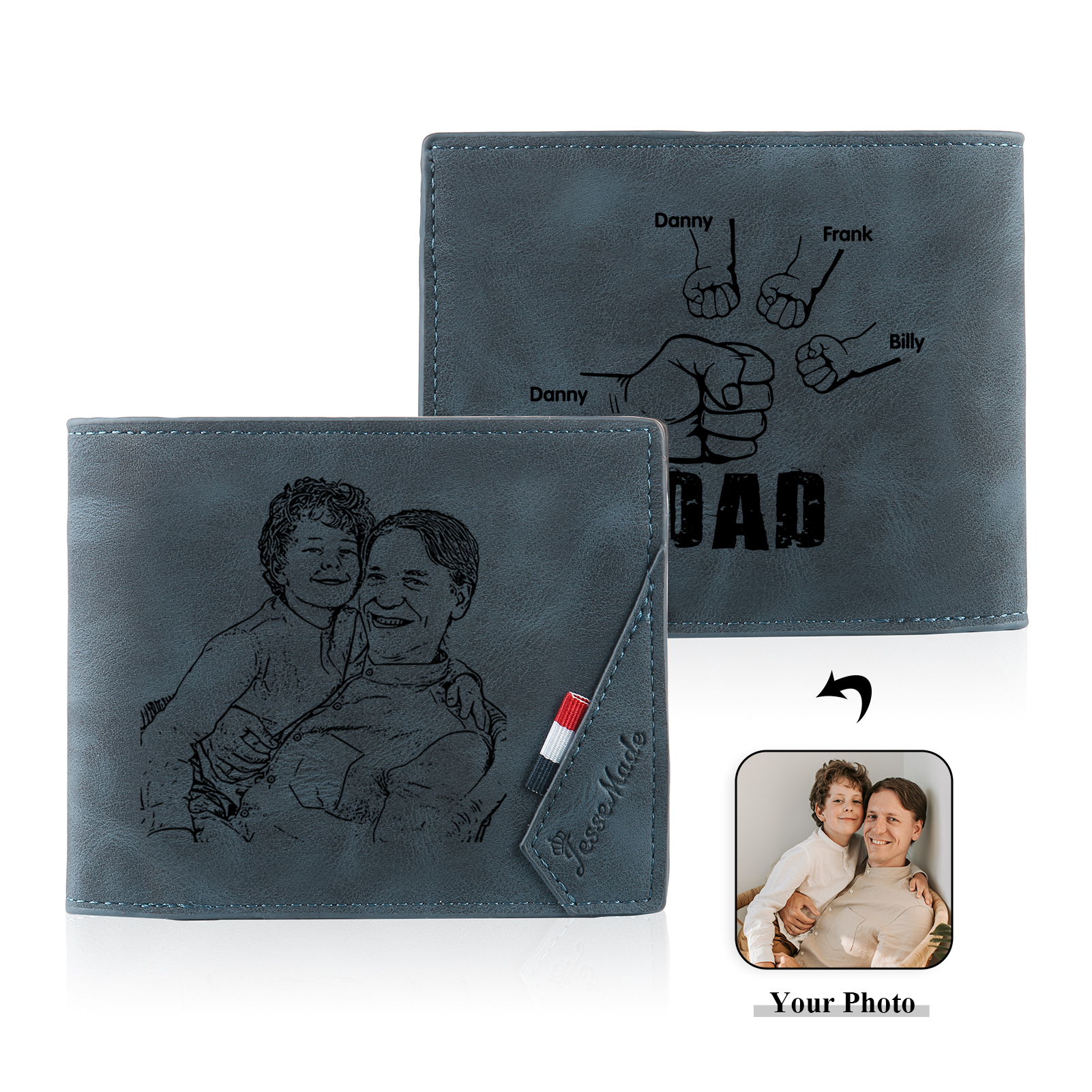 4 Names - Personalised Fist Bump Photo Custom Leather Men's Wallet as a Father's Day Gift for Dad