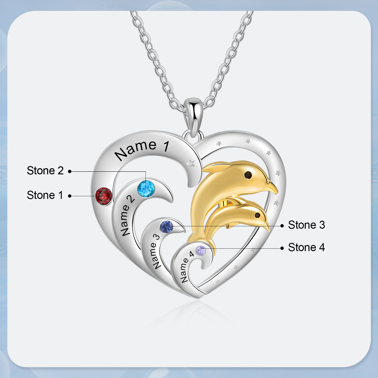 4 Names - Personalised Beautiful Dolphin Heart Necklace with Customized Name and Birthstone Gift for Her