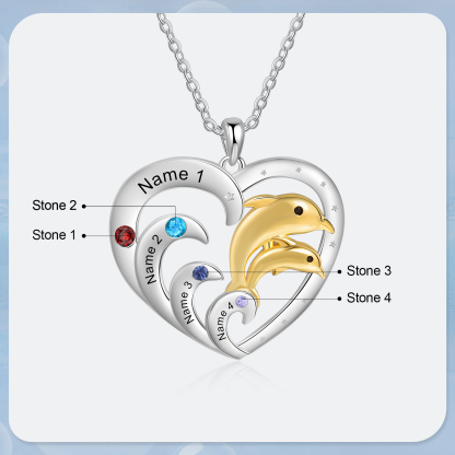 4 Names - Personalised Beautiful Dolphin Heart Necklace with Customized Name and Birthstone Gift for Her