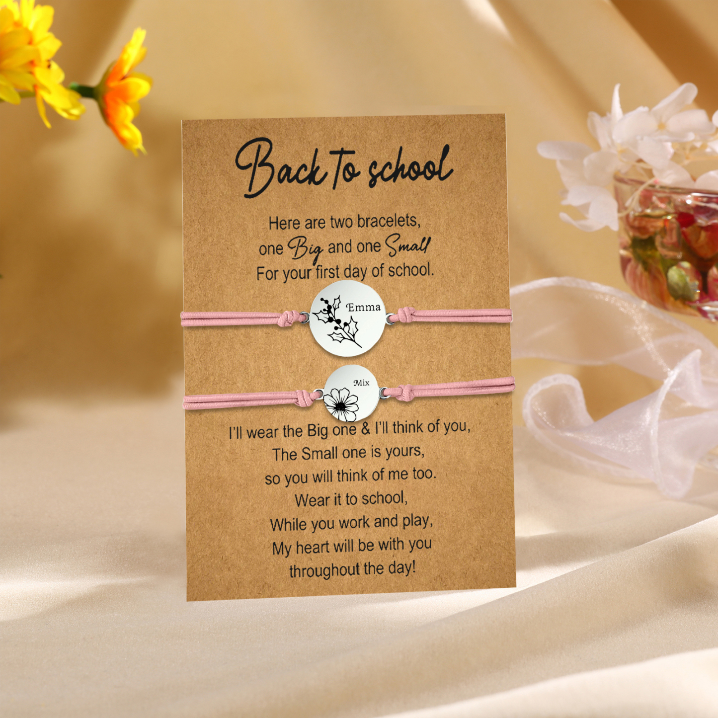 2 PCS Personalized 2 Birthflowers & 2 Names Elastic Stainless Steel Bracelet Back to School Gift for Daughter