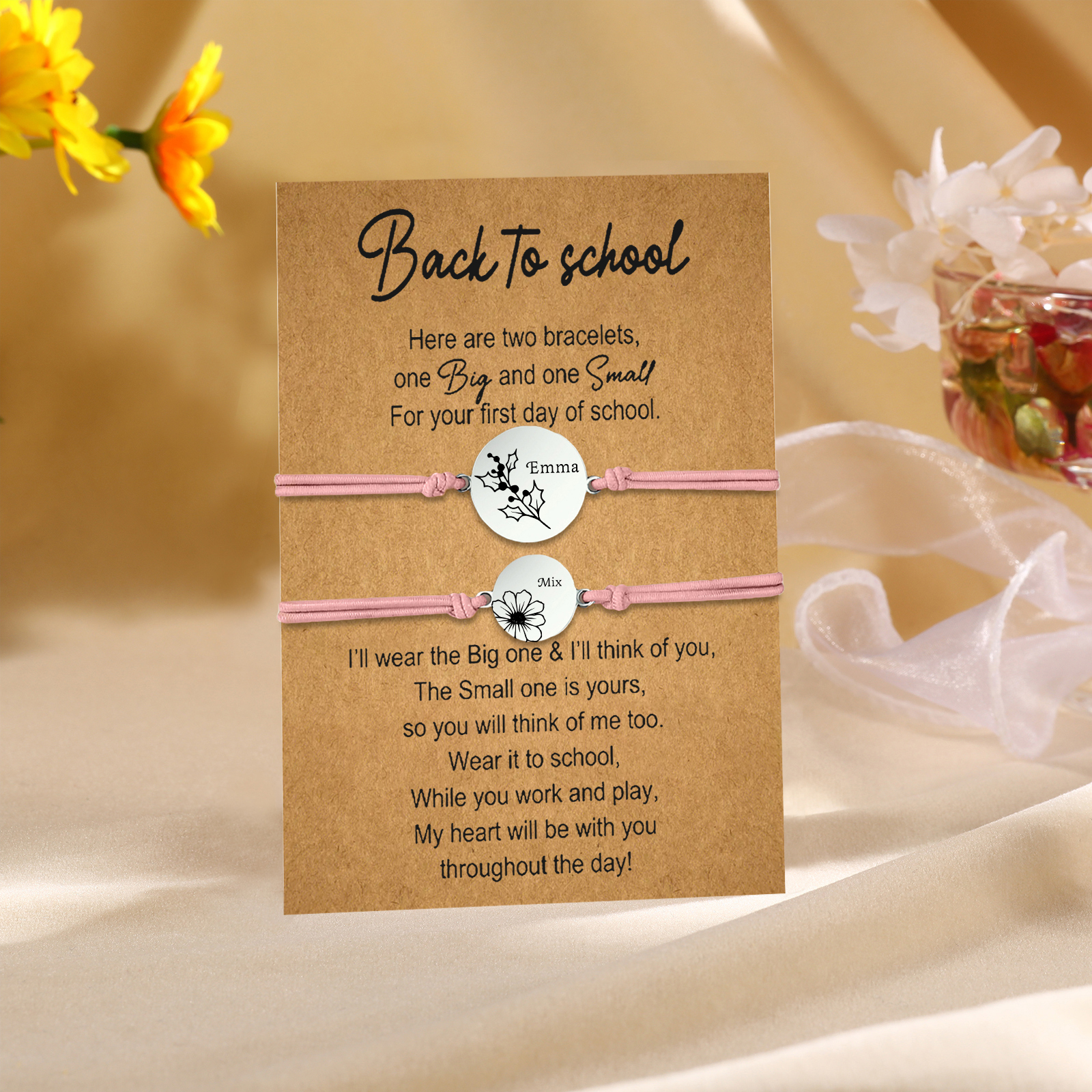 2 PCS Personalized 2 Birthflowers & 2 Names Elastic Stainless Steel Bracelet Back to School Gift for Daughter