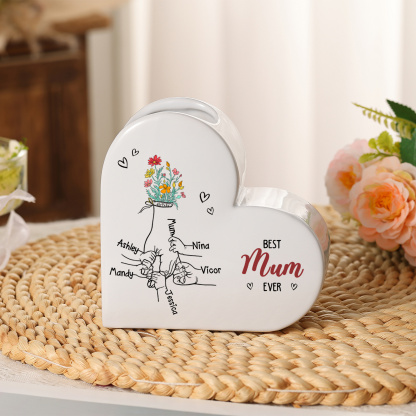 Personalised 2-6 Names Heart Ceramic “Best Mum Ever” Floral Name Vase