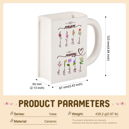 Personalised Book-Shaped Vase with 2 to 10 Names and Birth Flowers for Mum or Nanny