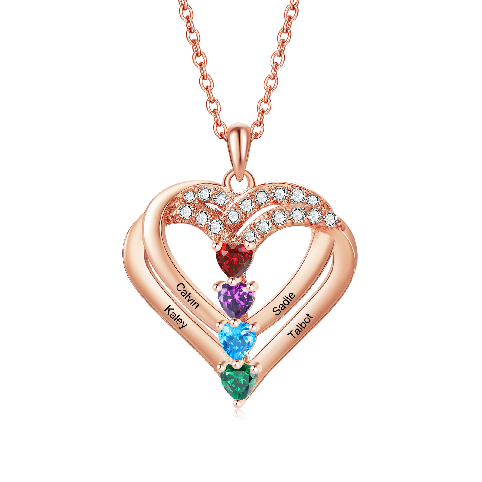 Personalised 925 Sterling Silver Heart Necklace with Names and Birthstones