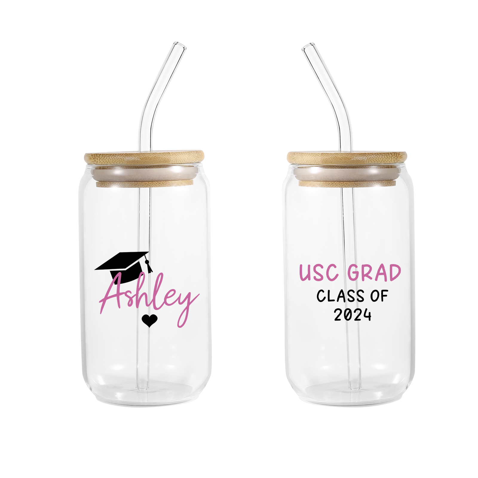 2024 Graduation Gift - Personalised Custom Text, year and Name Glass with Glass Straw