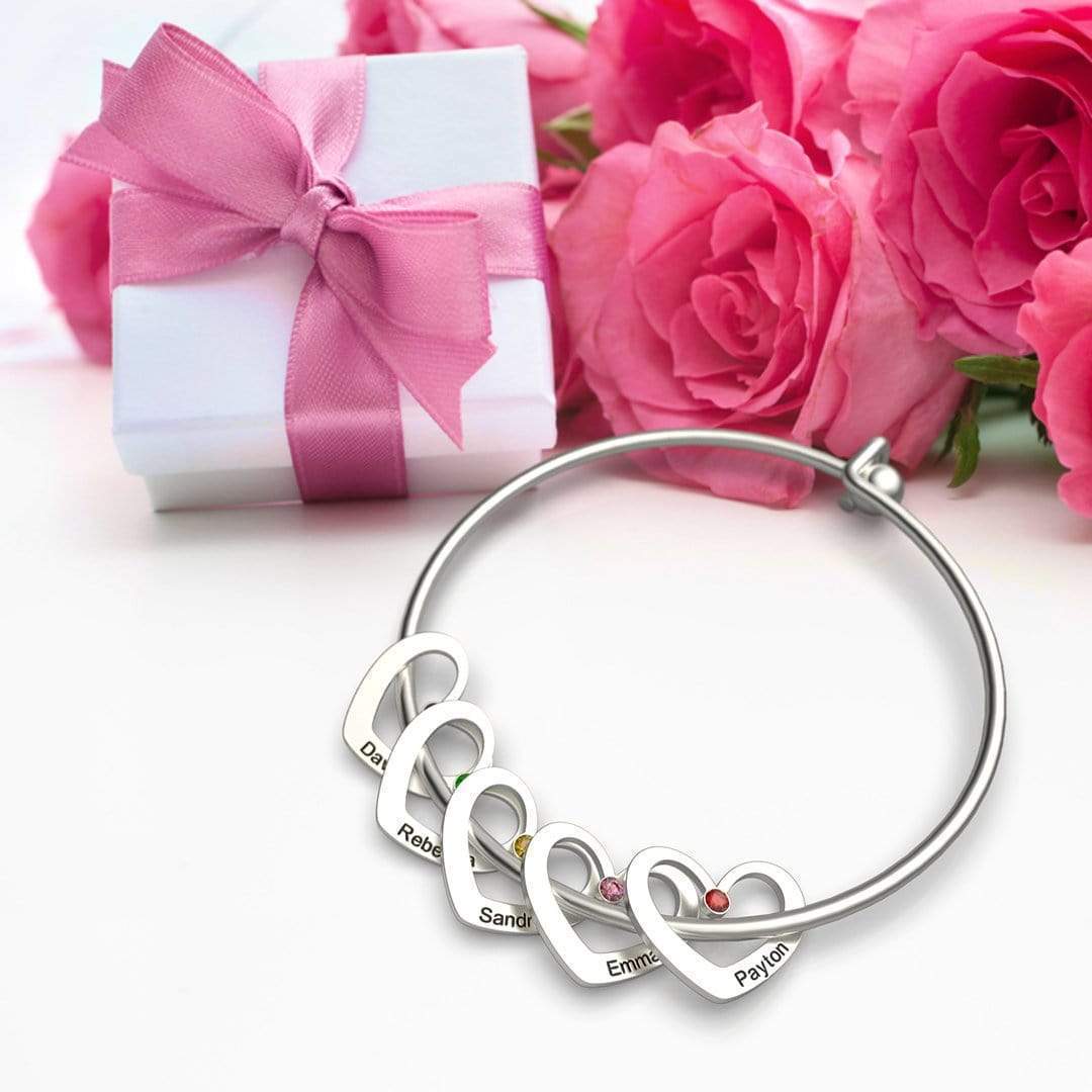 Personalised Heart Bangle With 2 Names and Birthstones Bangle Bracelet Mother's Day Gifts For women