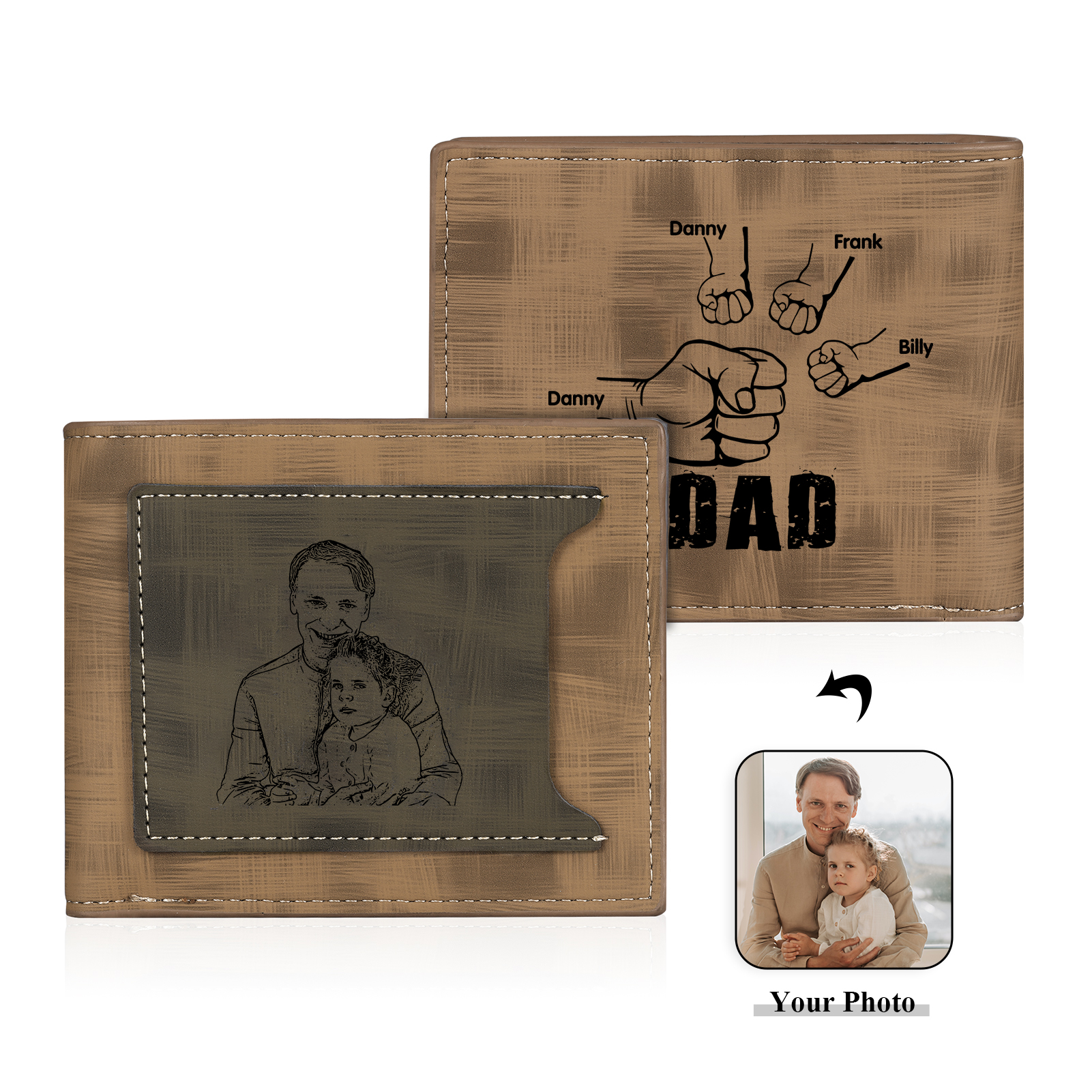 4 Names - Personalised Photo Custom Leather Men's Wallet as a Father's Day Gift for Dad