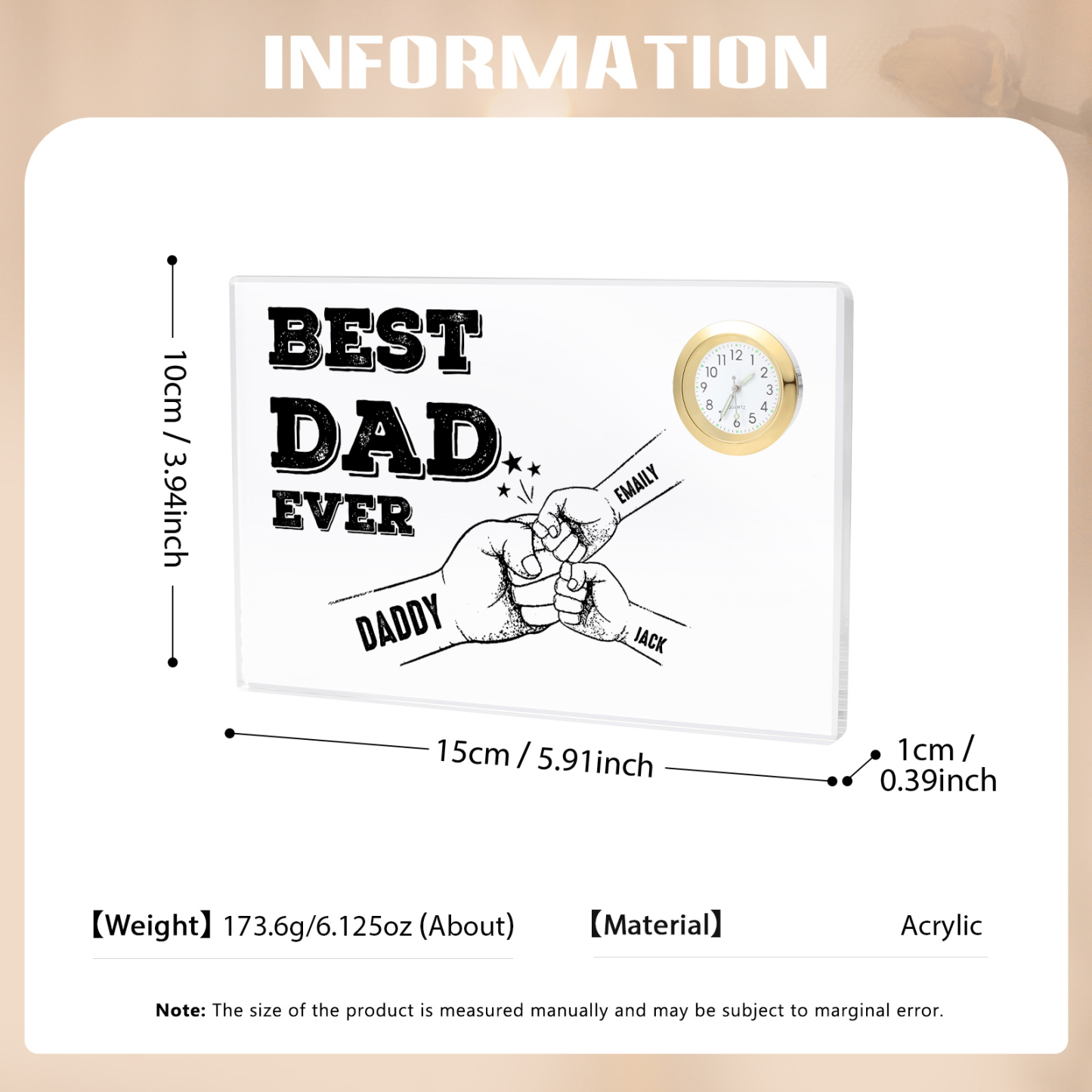 3 Names - Personalised Fist Bump Pattern Custom Name Acrylic Rectangular Clock Ornament Father's Day Gift