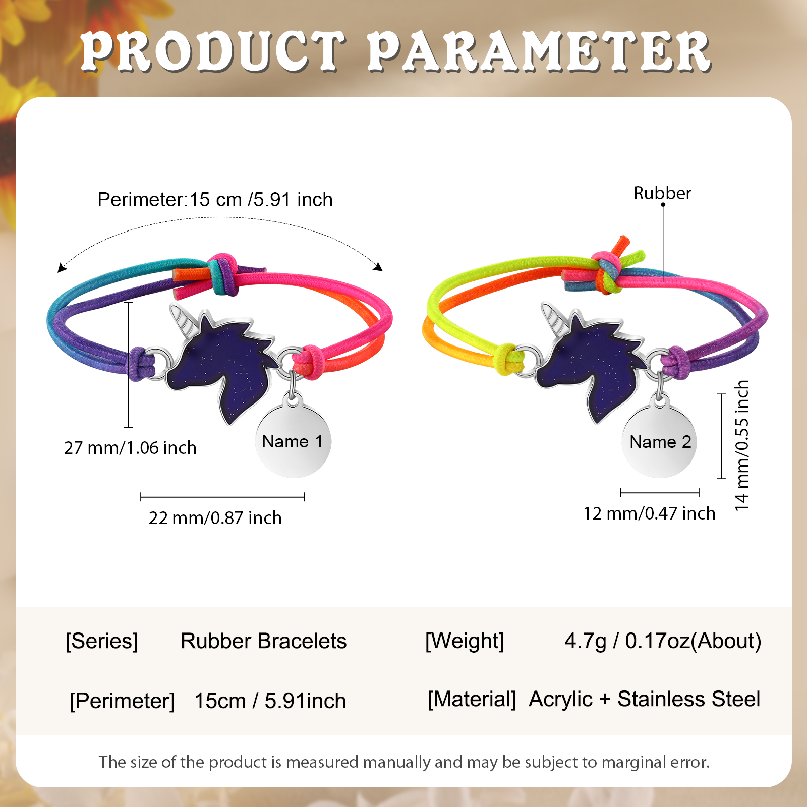 2 PCS Personalised Custom Name Unicorn Elastic Rope Bracelet Back To School Season Children's Gift