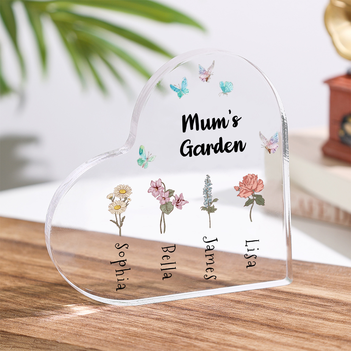 Customized 1-6 Names Birth Flower Name Acrylic Heart Shaped Ornament Butterfly Style Plaque Decoration for Mum/Nana