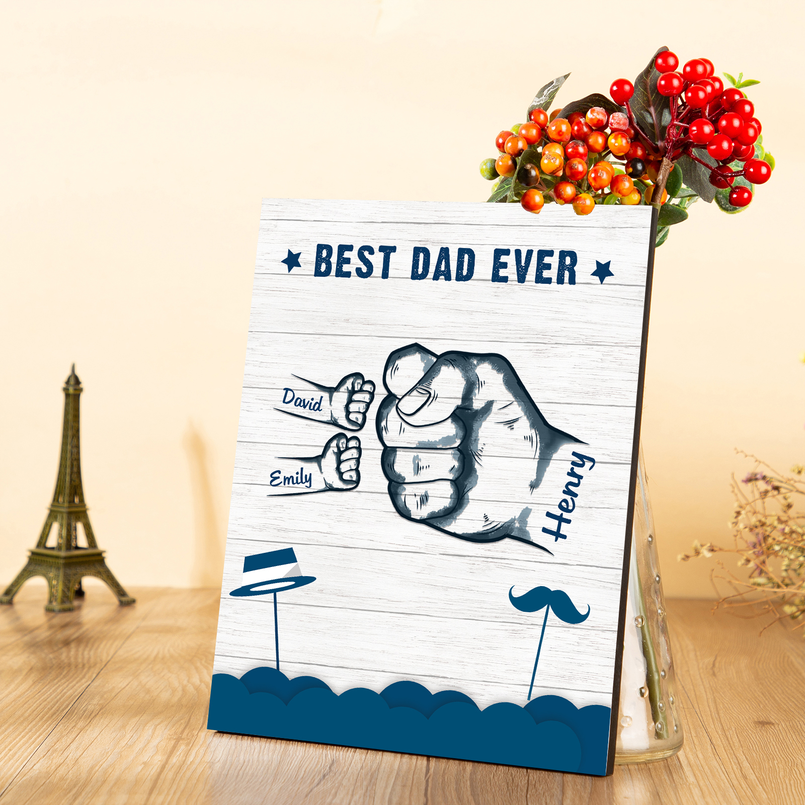 3 Names - Personalised Wooden Ornament Fist Bump Style Engraved Name and Text Ornament for Dad
