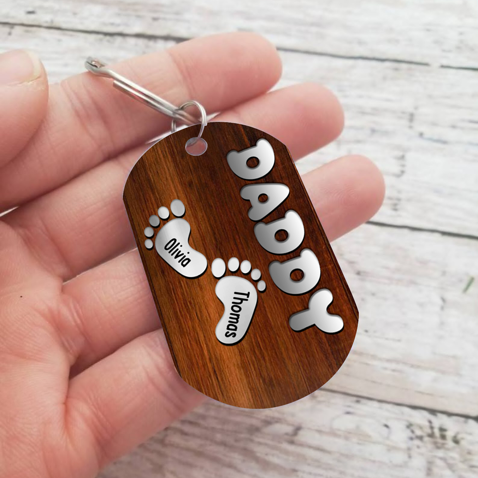 2 Names - Personalised Custom Footprint Pattern Keyring Custom Name and Text Gift for Dad
