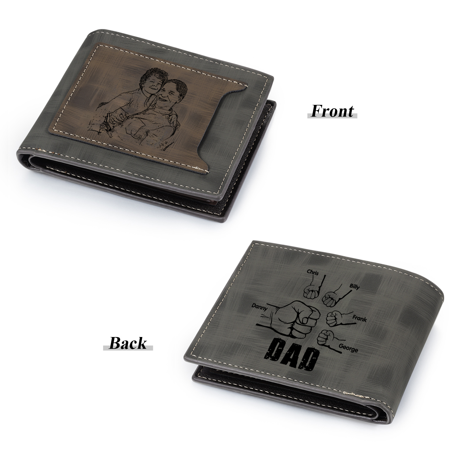 5 Names - Personalised Photo Custom Leather Men's Wallet as a Father's Day Gift for Dad