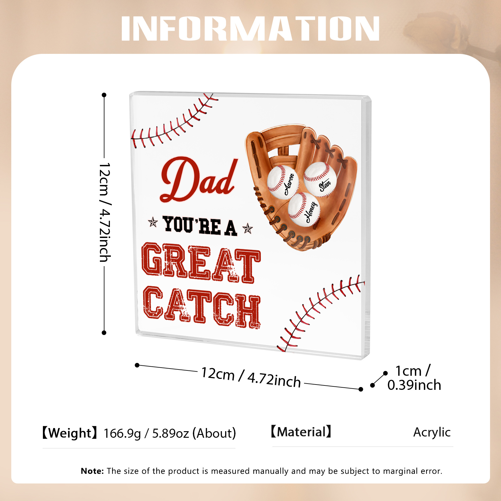 3 Names - Personalised Baseball Acrylic Keepsake Customized Name and Text Acrylic Plaque Ornament Father's Day Gift for Dad