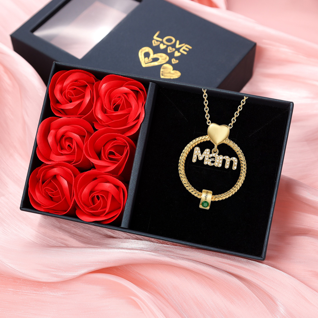 1 Name-Personalised Mam Circle Necklace With 1 Birthstone Pendant Engraved Names Gift Set With Rose Gift Box For Mother