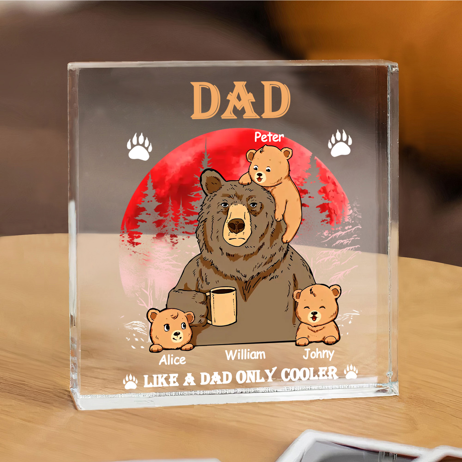 4 Names - Personalised Bear Family Pattern Custom Name Acrylic Square Ornament Father's Day Gift