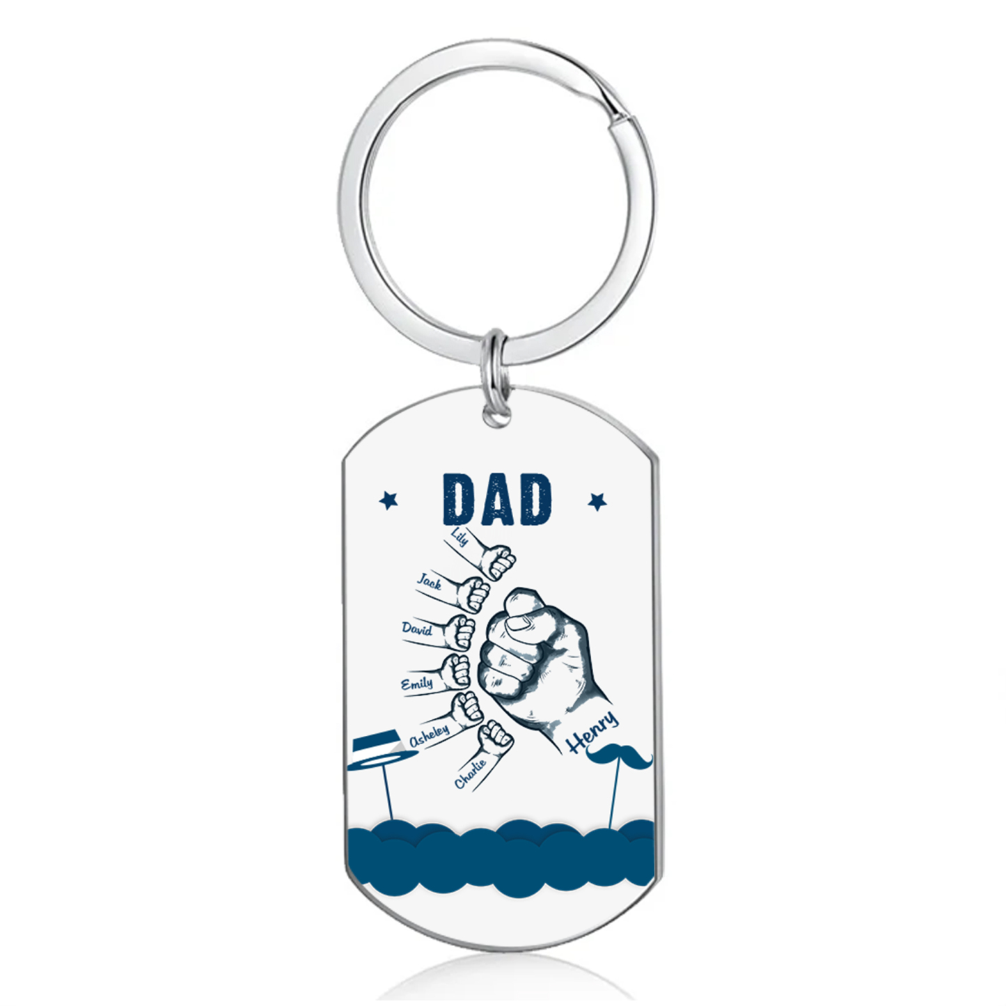 7 Names - Personalised Custom Fist Bump Keyring Hat and Beard Style Keyring Gift for Dad