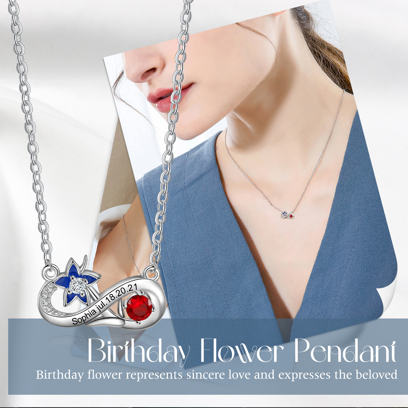 Personalised July Birthflower Necklace With Birthstone Gift For Women
