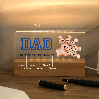 6 Names - Personalised Fist Bump Table Lamp - Dad's Dream Team - Father's Day Gift for Dad