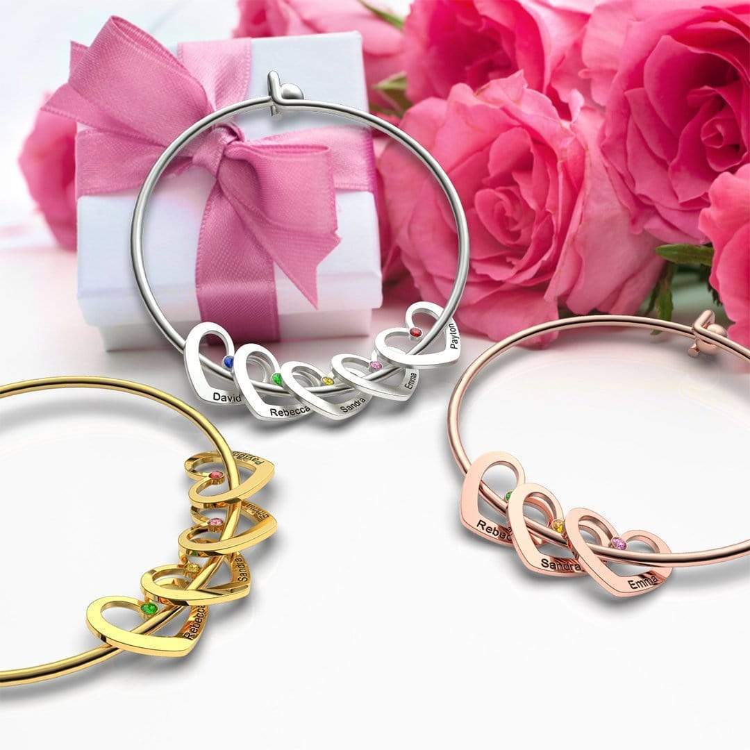 Personalised Heart Bangle With 2 Names and Birthstones Bangle Bracelet Mother's Day Gifts For women