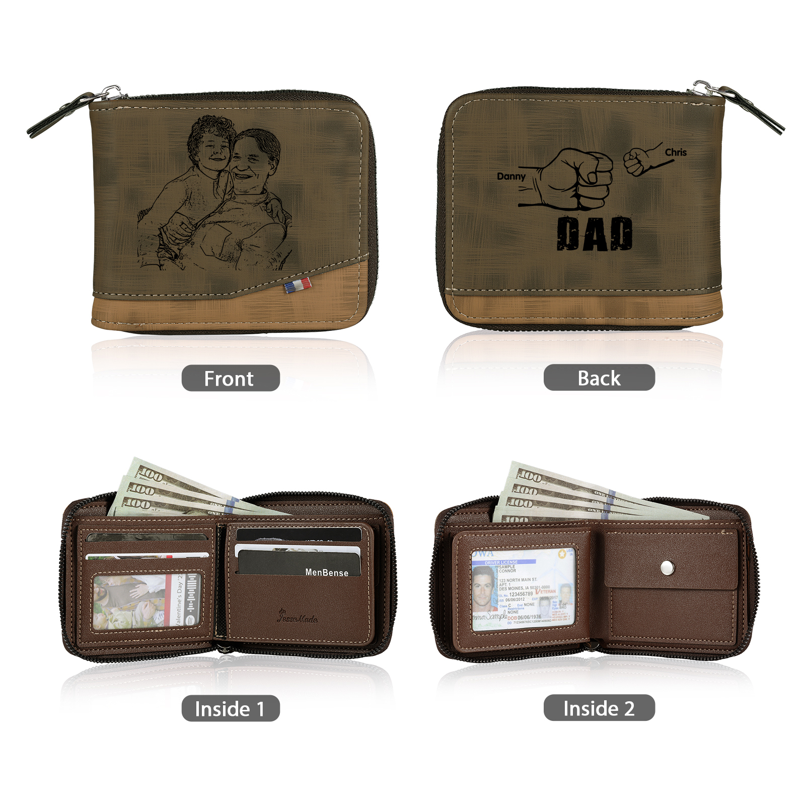 2 Names - Personalised Photo Custom Leather Men's Zipper Wallet as a Father's Day Gift for Dad