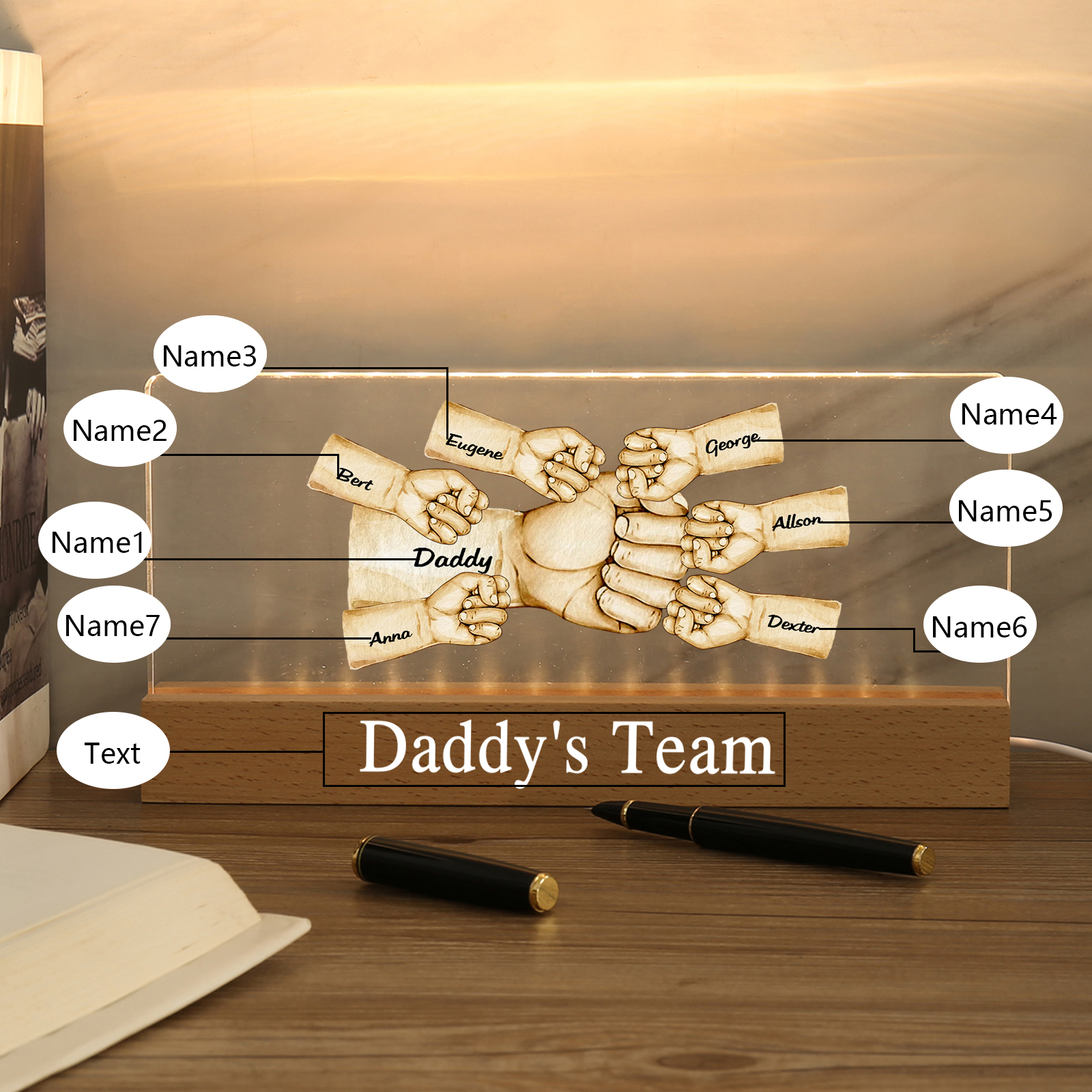 7 Names - Personalised Fist Bump Pattern Table Lamp Customized Text Father's Day Gift for Dad