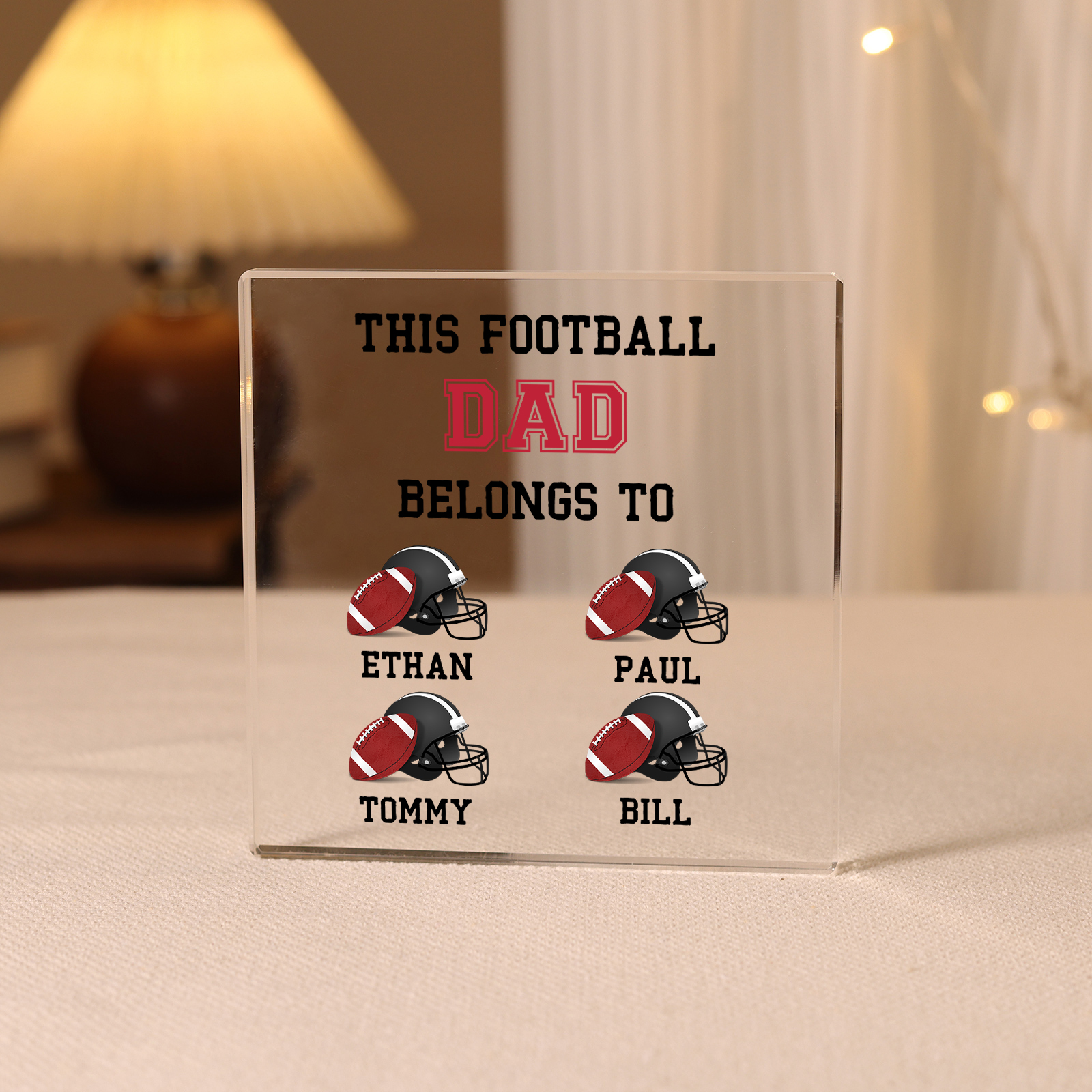 4 Names -Personalised Football Acrylic Keepsake Customized Name Acrylic Plaque Ornament Father's Day Gift for Dad