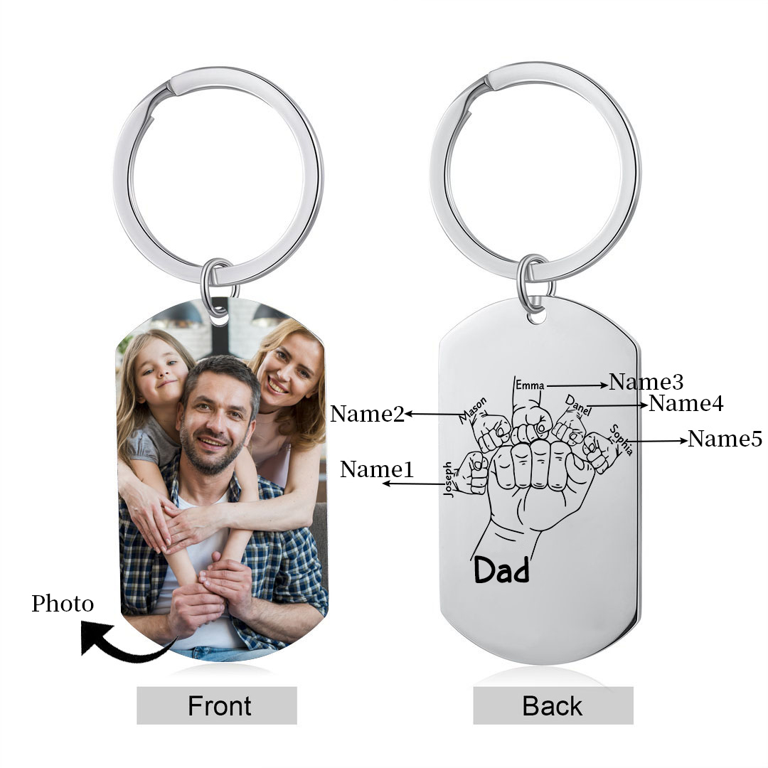 5 Names - Personalised Fist Bump Keyring Custom Photo Father's Day Gift for Dad