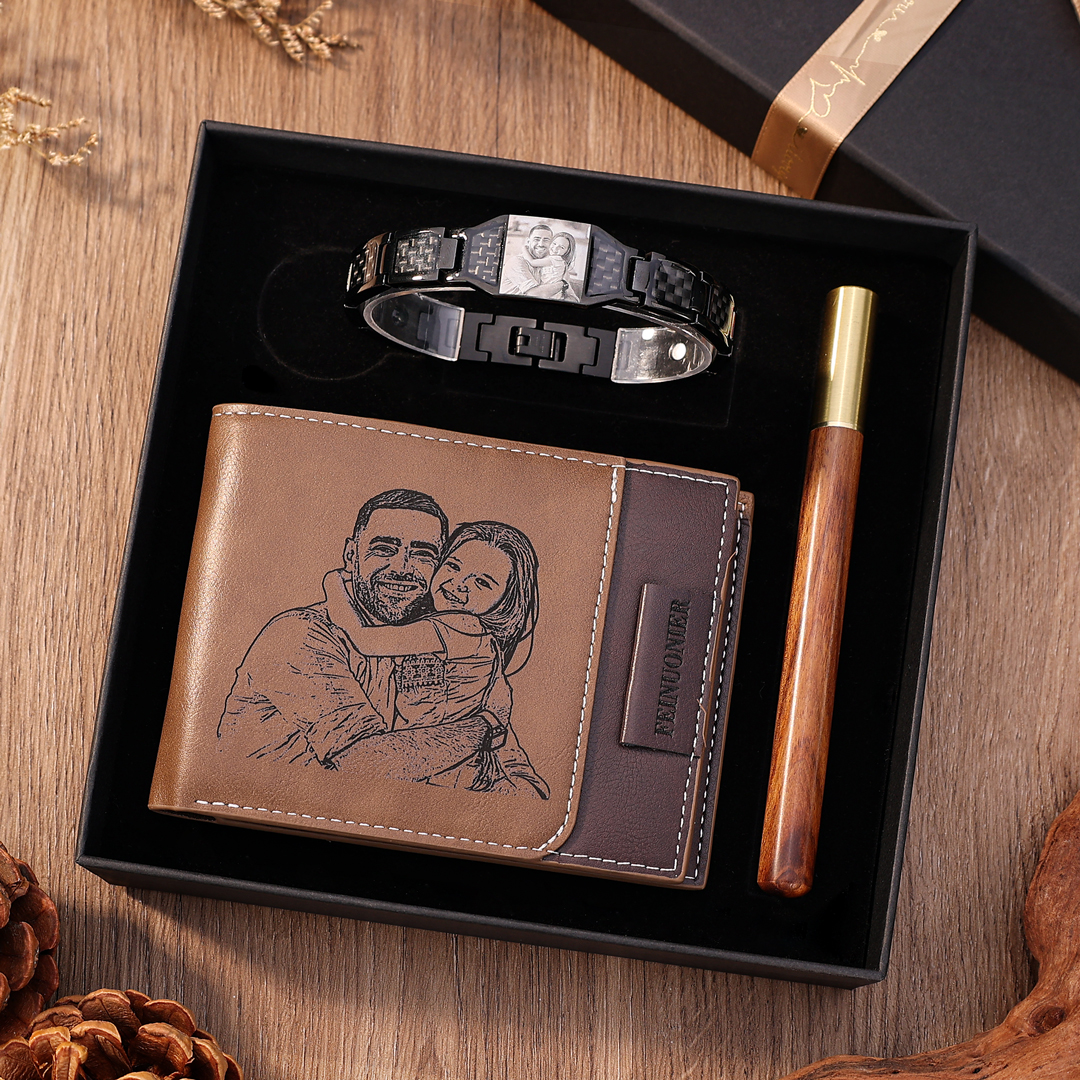Personalised 2 Photos &1 Text Gift Set Custom Wallet & Bracelet & Pen Gift Box Set Father’s Day Gifts