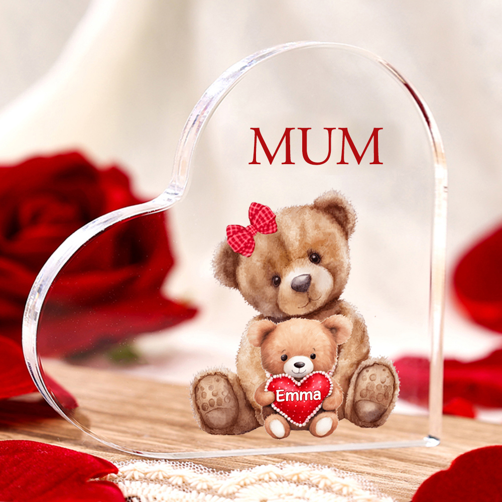 1 Name-Personalised Mum Acrylic Heart Keepsake Custom Text Love Teddy Bear Ornaments Gifts Set With Gift Box for Grandma/Mother