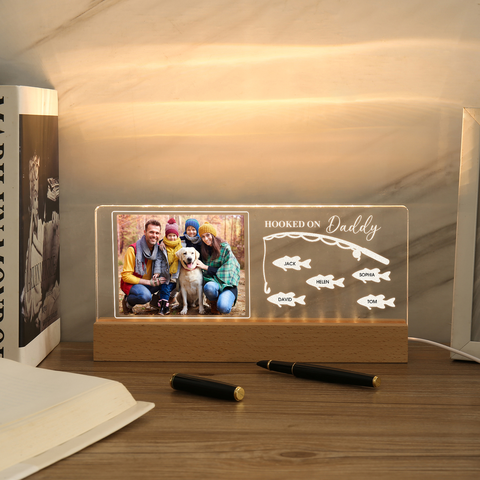 5 Names - Personalised Photo Fishing Pattern Desk Lamp Father's Day Gift For Dad
