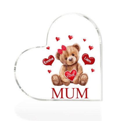 2 Names-Personalised Mum Acrylic Heart Keepsake Custom Text Love Teddy Bear Ornaments Gifts Set With Gift Box for Grandma/Mother