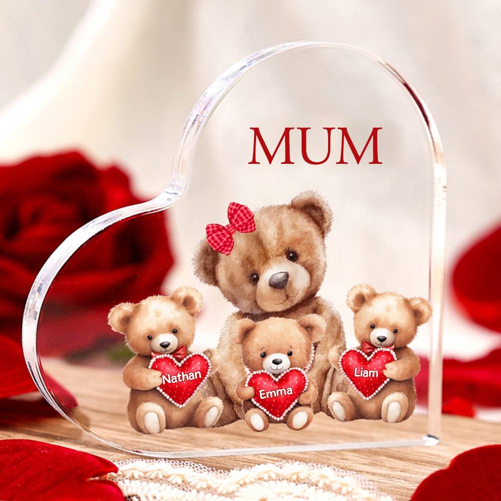 3 Names-Personalised Mum Acrylic Heart Keepsake Custom Text Love Teddy Bear Ornaments Gifts Set With Gift Box for Grandma/Mother