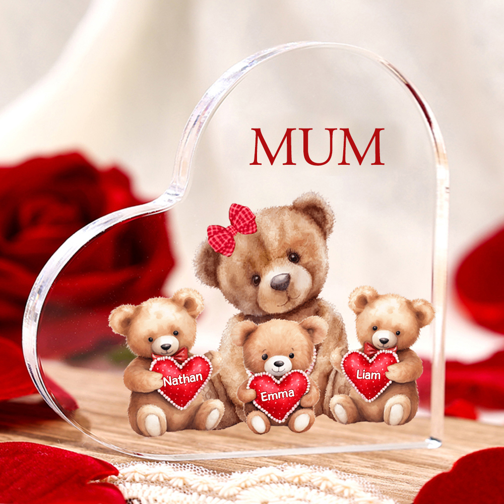 3 Names-Personalised Mum Acrylic Heart Keepsake Custom Text Love Teddy Bear Ornaments Gifts Set With Gift Box for Grandma/Mother