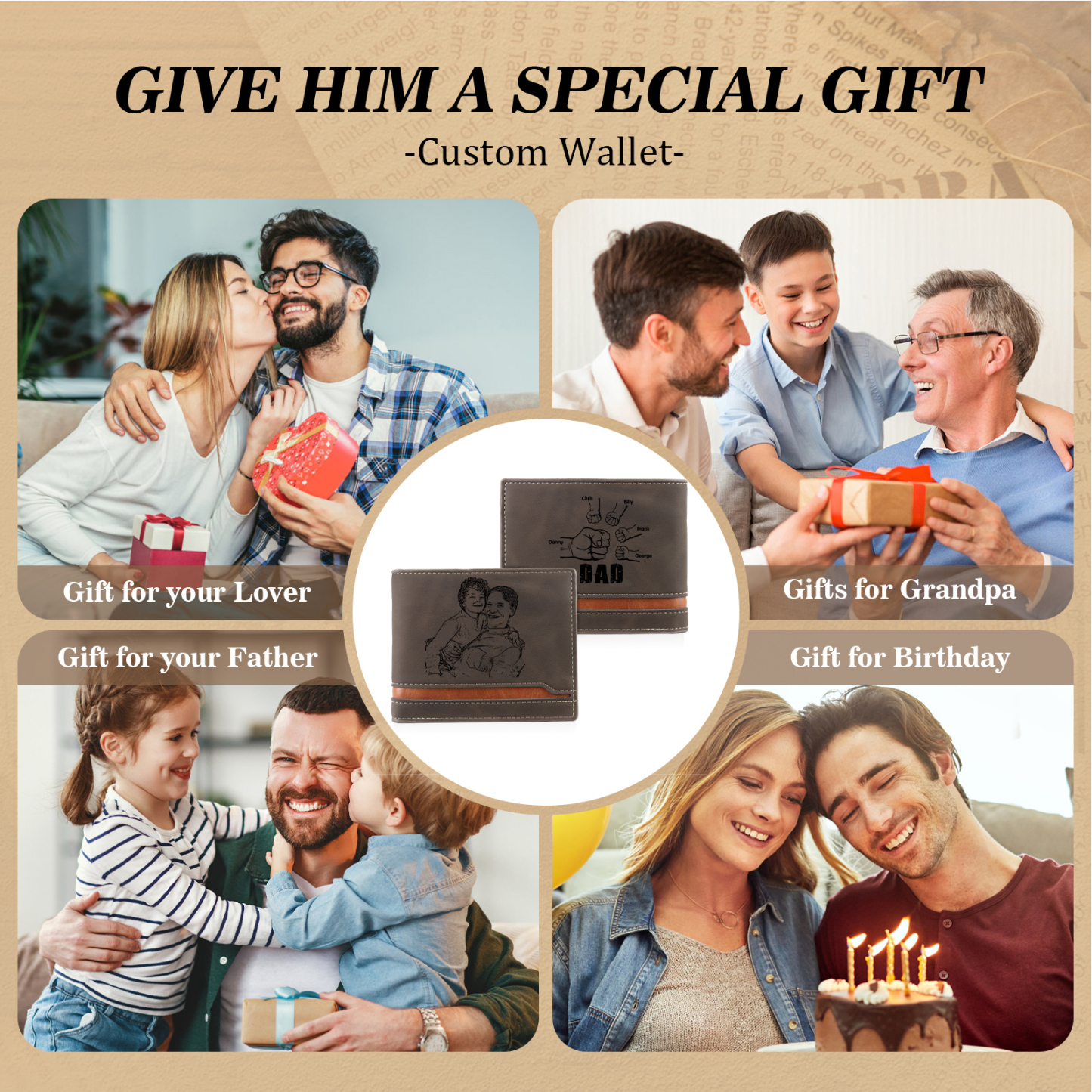 5 Names - Personalised Photo Custom Leather Men's Folding Wallet as a Father's Day Gift for Dad
