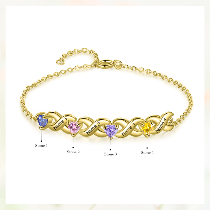 Personalised Bracelet With 4 Heart Birthstones Engraved Names Bracelet Gift For Women