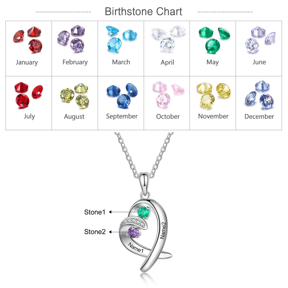 Personalised Heart Necklace With 2 Birthstones Engraved Names Gift For Her