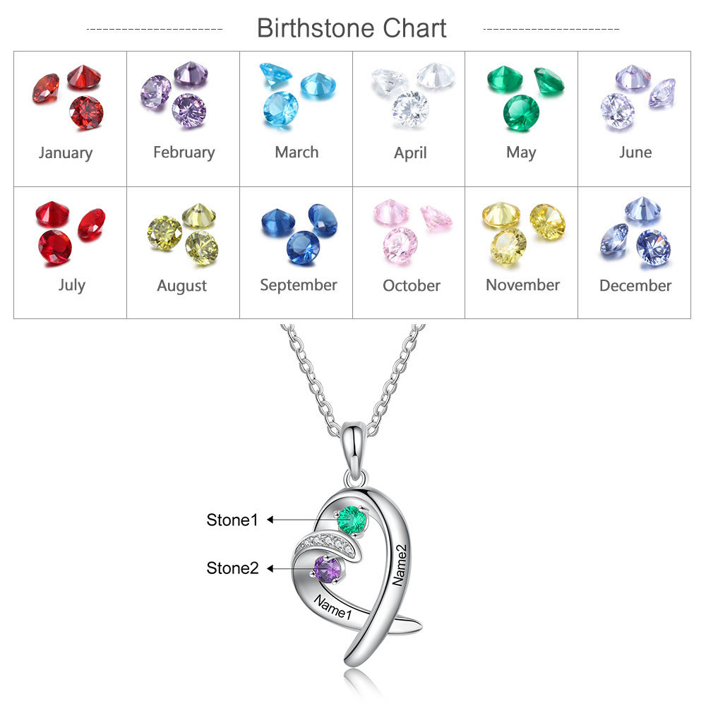 Personalised Heart Necklace With 2 Birthstones Engraved Names Gift For Her