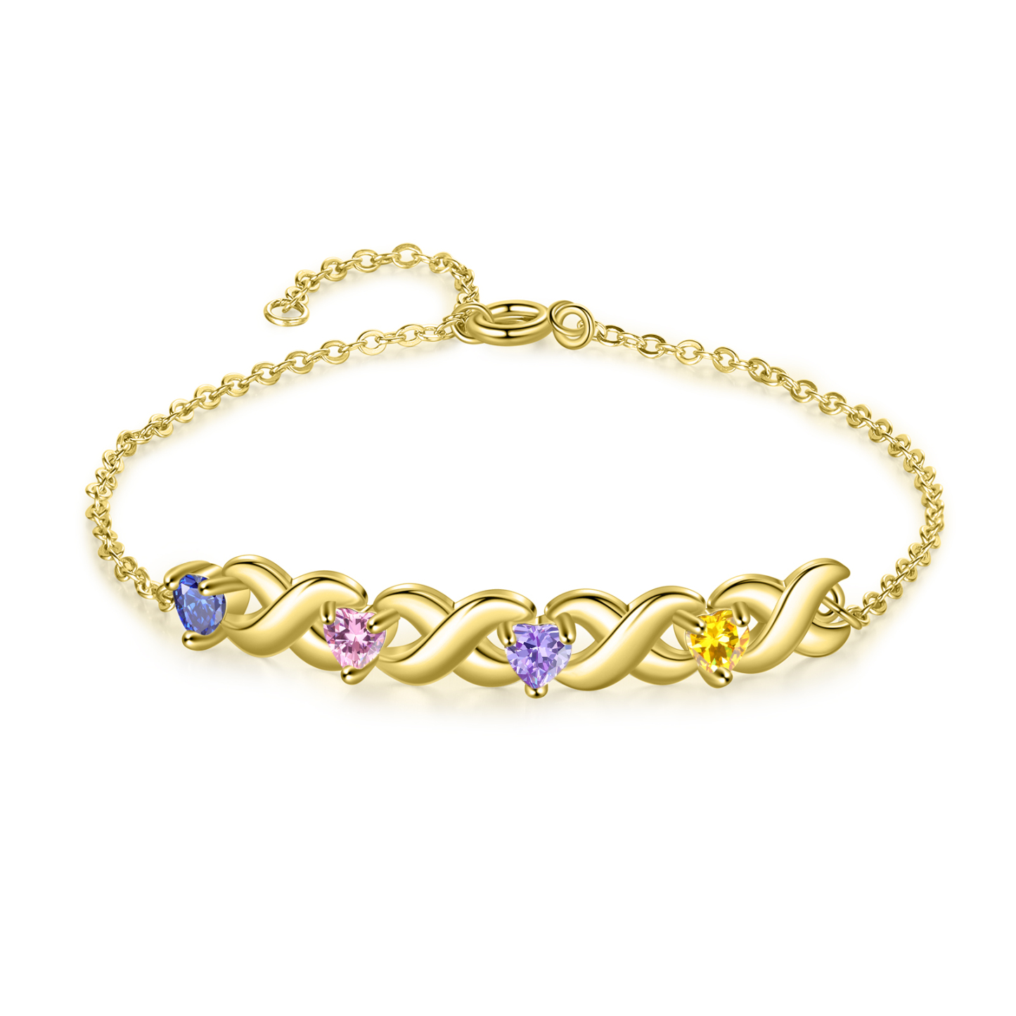 Personalised Bracelet With 4 Heart Birthstones Engraved Names Bracelet Gift For Women