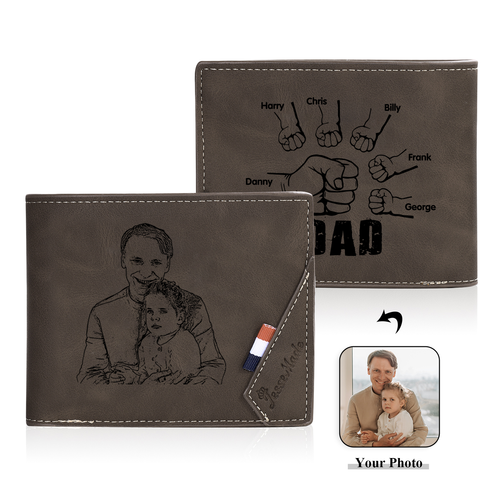 6 Names - Personalised Fist Bump Photo Custom Leather Men's Wallet as a Father's Day Gift for Dad