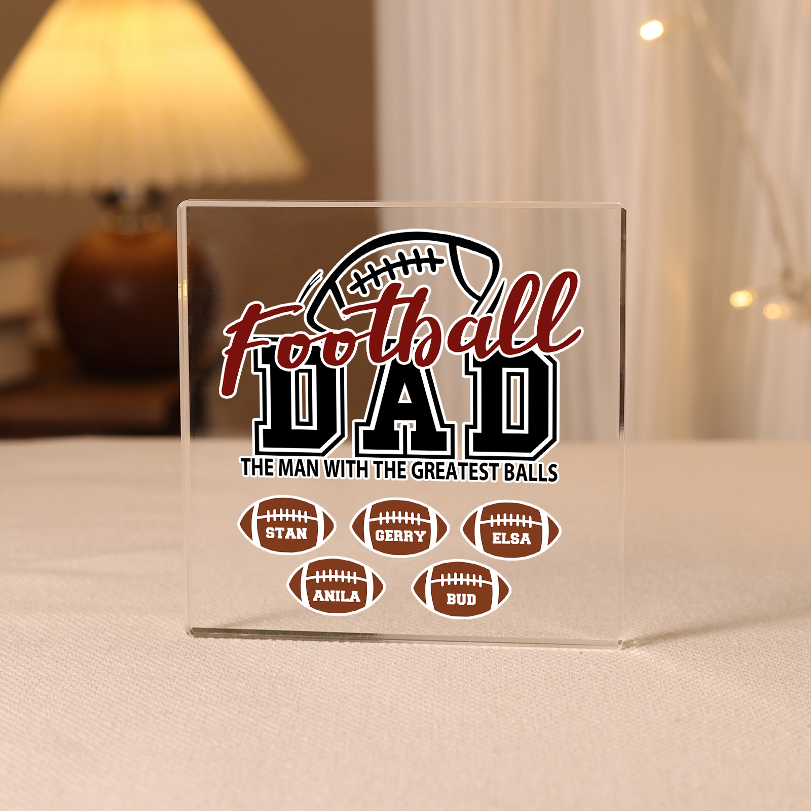 5 Names - Personalised Football Acrylic Keepsake Customized Name Acrylic Plaque Decoration Father's Day Gift for Dad