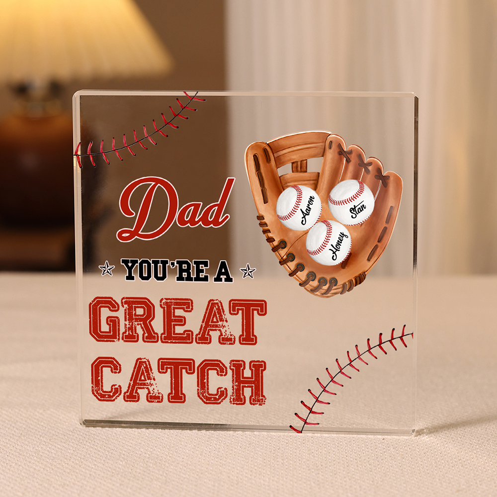 3 Names - Personalised Baseball Acrylic Keepsake Customized Name and Text Acrylic Plaque Ornament Father's Day Gift for Dad
