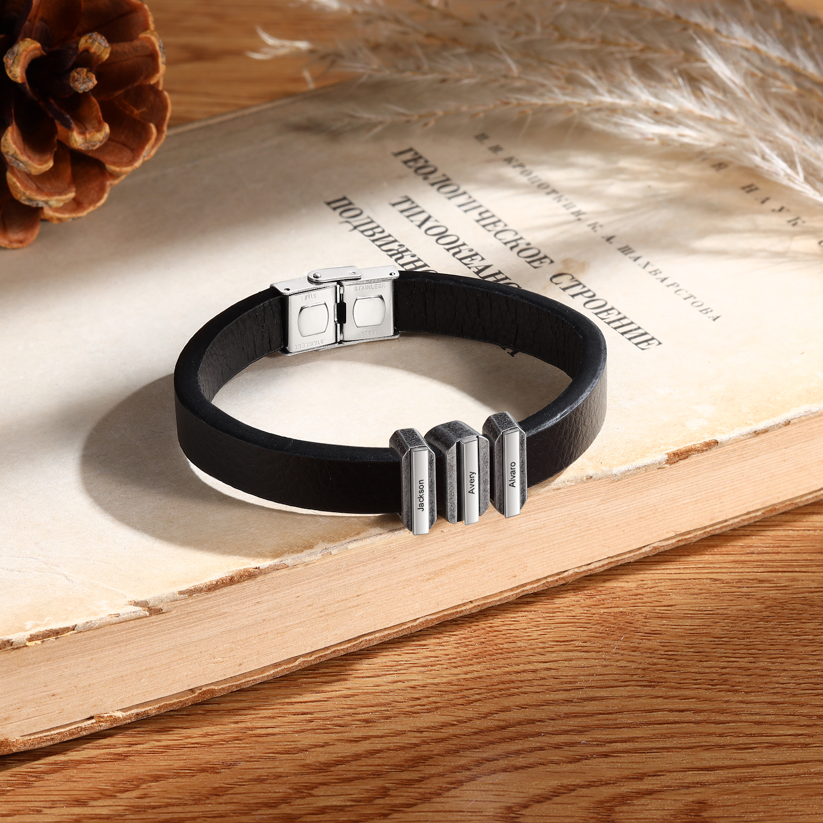 3 Names Personalised Stainless Steel Leather Bracelet Engraved Name Men's Bracelet Gift for Dad