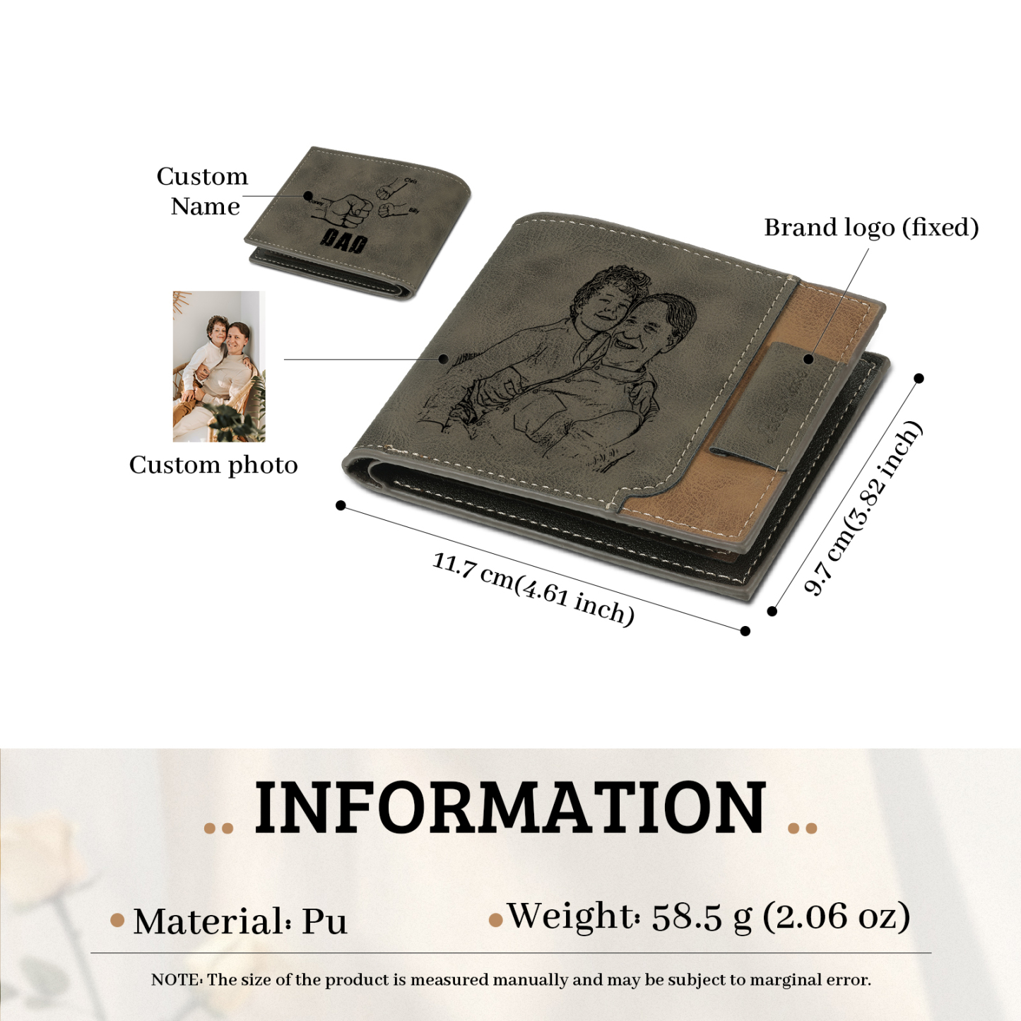 3 Names - Personalised Fist Bump Photo Custom Leather Men's Wallet as a Father's Day Gift for Dad