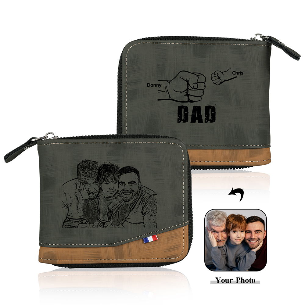 2 Names - Personalised Photo Custom Leather Men's Zipper Wallet as a Father's Day Gift for Dad