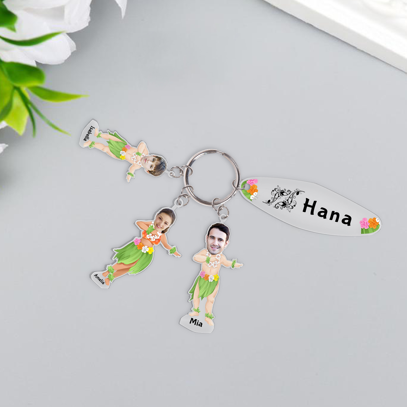 3 Names - Personalised Hawaiian Style Keyring With 3 Photo,3 Name and Text, Gift For Family