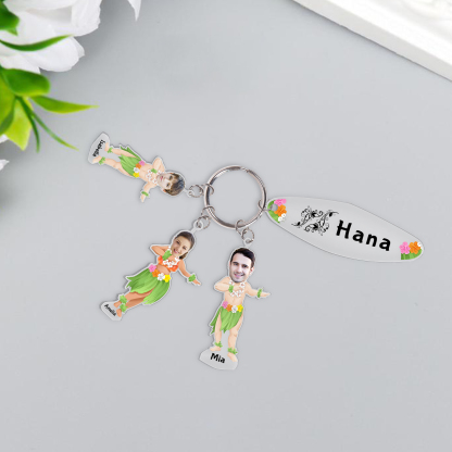 3 Names - Personalised Hawaiian Style Keyring With 3 Photo,3 Name and Text, Gift For Family
