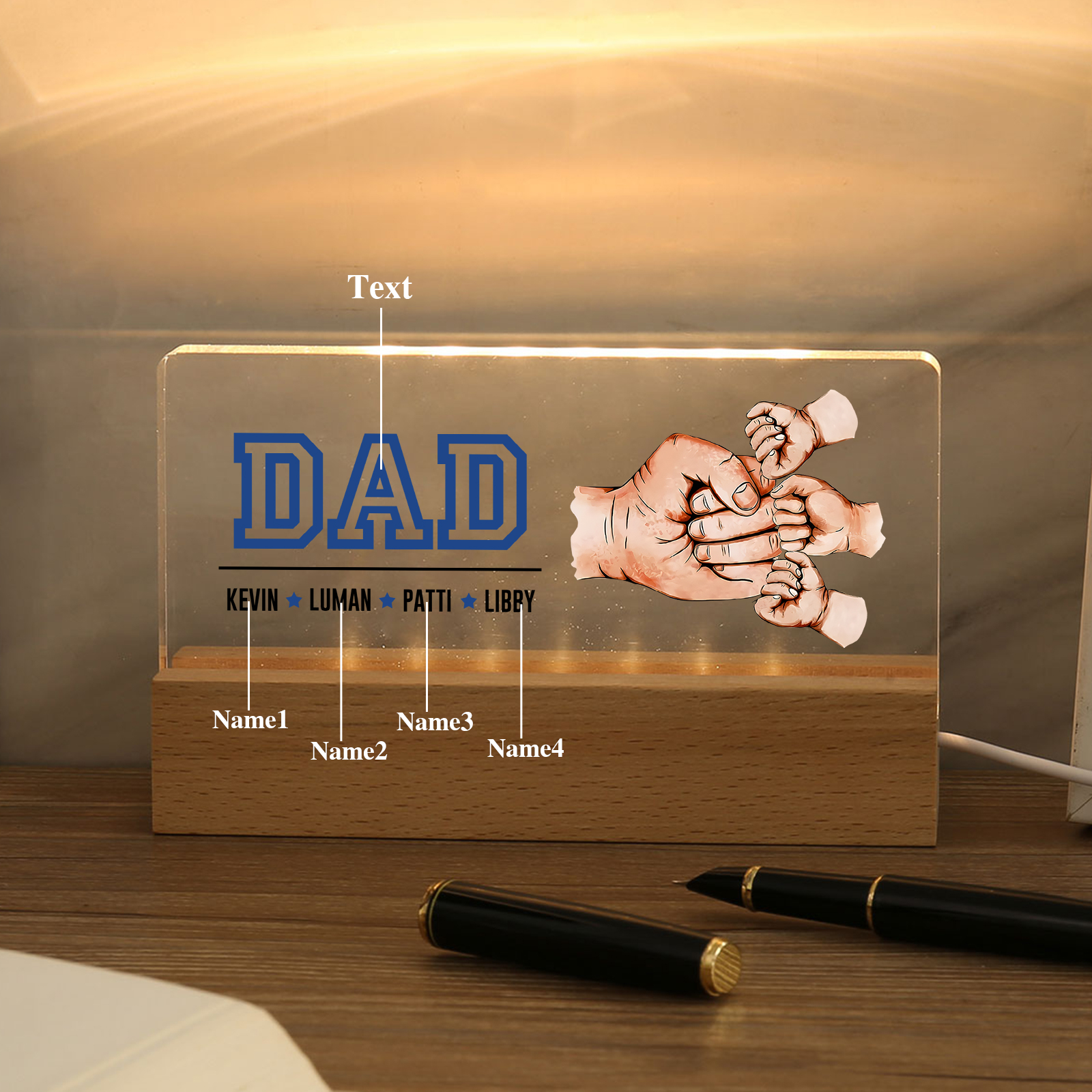 4 Names - Personalised Fist Bump Table Lamp - Dad's Dream Team - Father's Day Gift for Dad