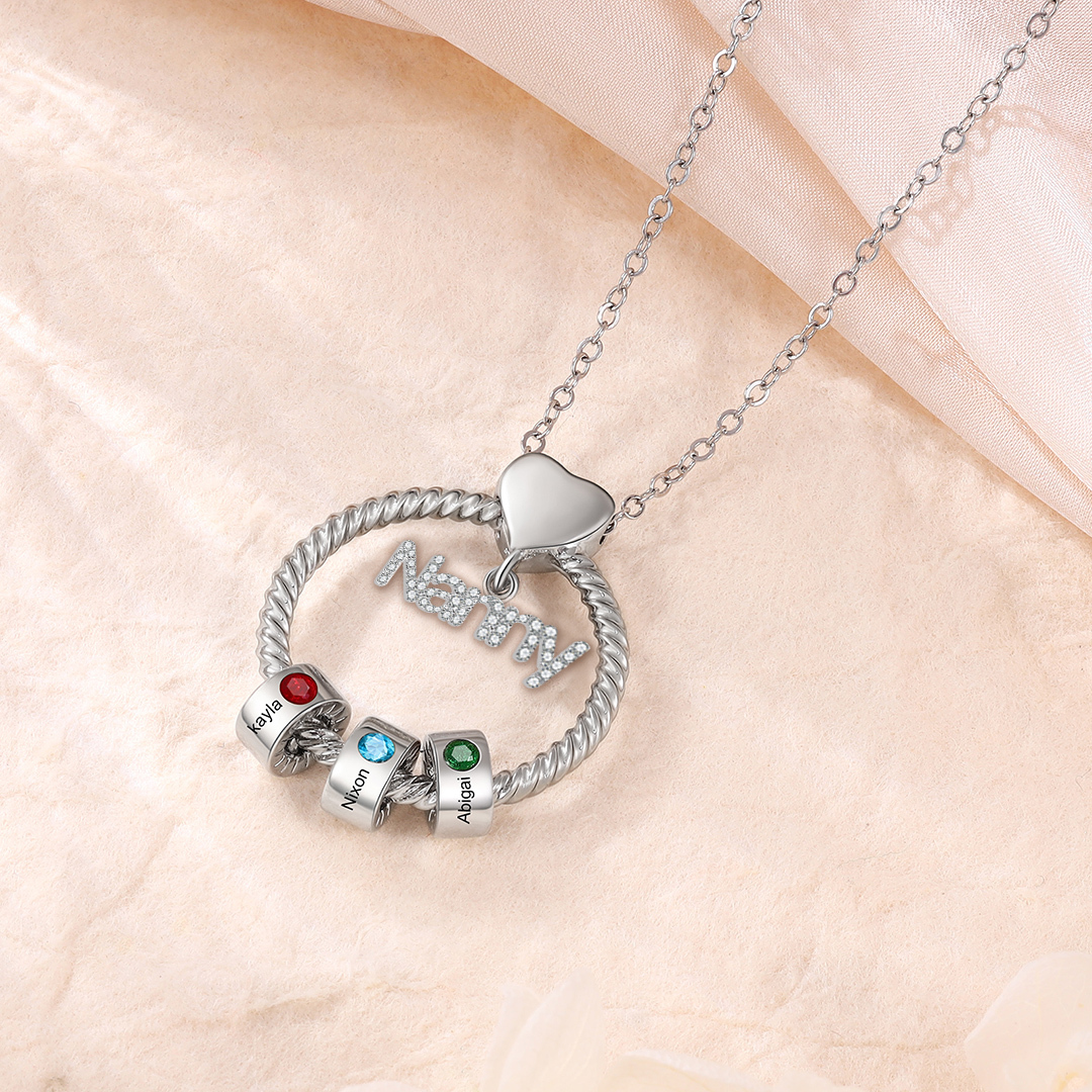 3 Names-Personalised Nanny Circle Necklace With 3 Birthstones Pendant Engraved Names Gift For Nanny