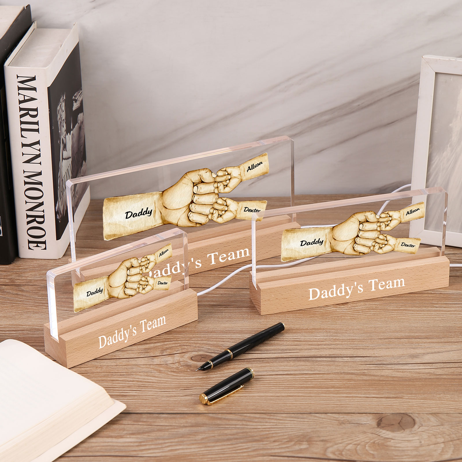3 Names - Personalised Fist Bump Pattern Table Lamp Customized Text Father's Day Gift for Dad